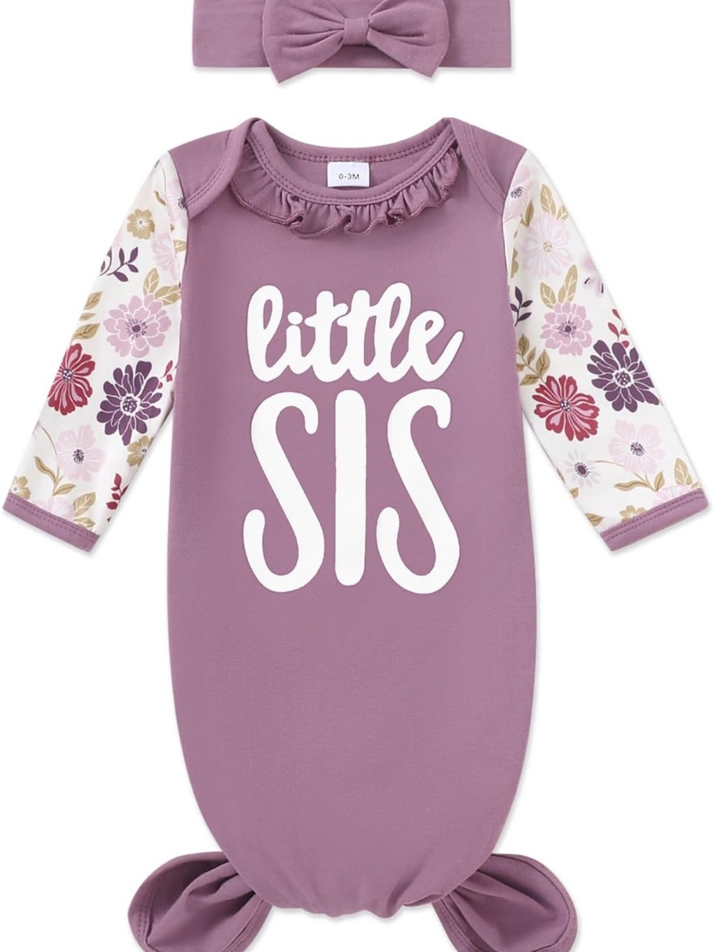 3-6 months Brand new Little Sis Mauve Floral Baby Gown with purple Headband
